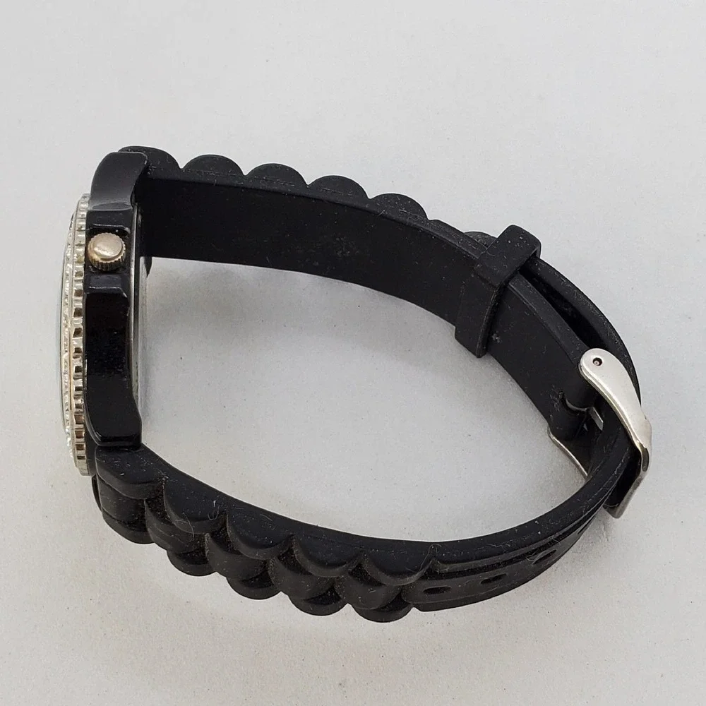 38MM Women Watch Black Dial Crystal Bezel Black Plastic‎ Band Straps New Battery